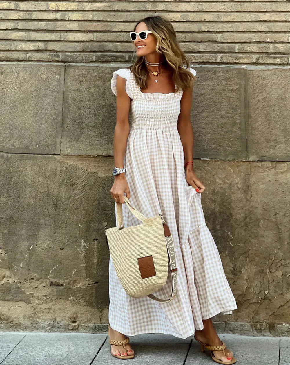 FLEURINNA™ – LONG DRESS WITH RUFFLED SLEEVES AND GINGHAM FRILLS