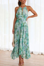 ELEGANT WOMEN'S MIDI DRESS WITH PLEATS AND FLORAL LACE NECKLINE