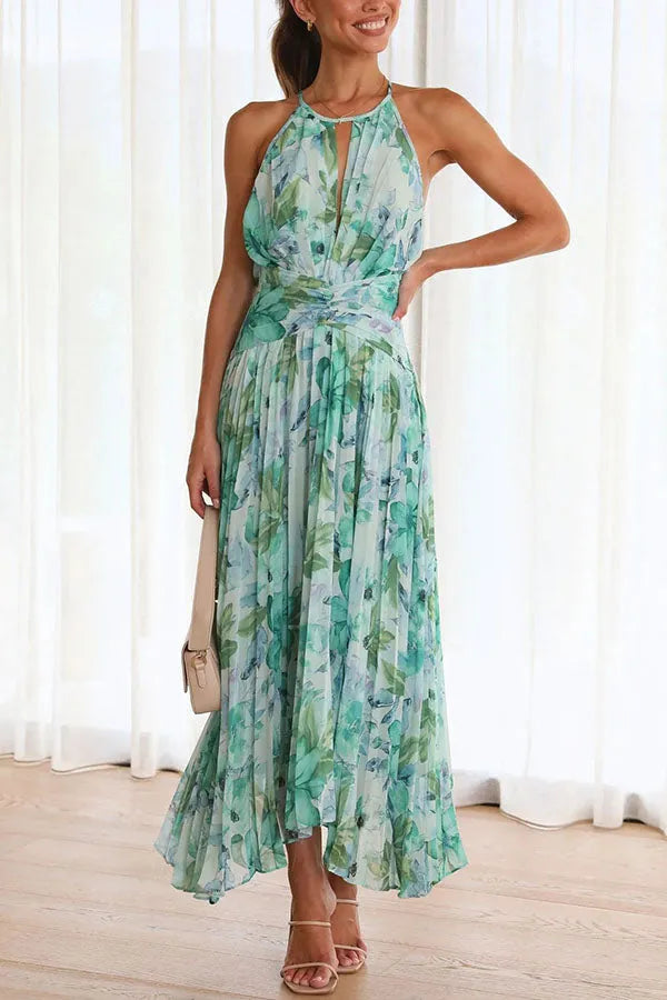 ELEGANT WOMEN'S MIDI DRESS WITH PLEATS AND FLORAL LACE NECKLINE